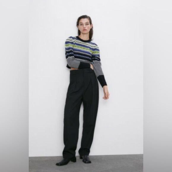 ZARA NEW WOMAN JACQUARD KNIT SWEATER PUFF SLEEVES CROPPED - SIZE L - Picture 4 of 7